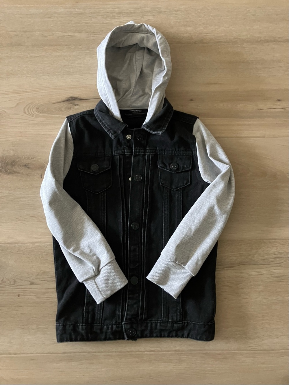 Little Bipsy Black Denim Jacket with Light Gray Hood & Sleeves